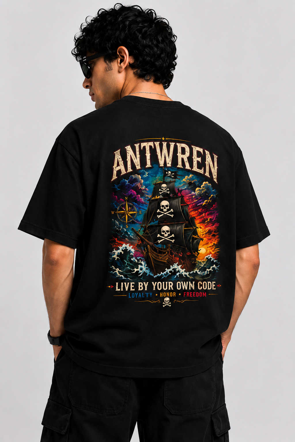 Black Oversized Printed boat T-Shirt